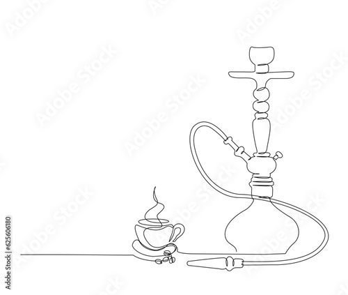 Continuous one line drawing of hookah and a cup coffee, tobacco smoking equiptment. simple sheesha outline vector illustration.