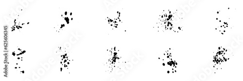Paintbrush Splotch Collection. Grunge Speckle Design. Paint Brush Splatter Set. Black Rough Splat. Ink Splash, Stain Texture Effect. Inkblot. Dirty Abstract Spatter. Isolated Vector Illustration