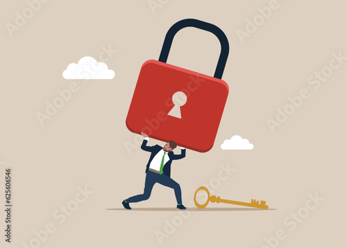 Businessman carrying huge with lock. Unlock business accessibility. Solve business problem, professional to give solutions. Vector illustration