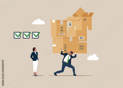 Businessman carrying huge with boxs. Procurement and purchasing company equipments, goods and service, audit and checking price. Vector illustration