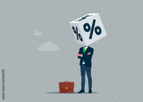 Businessman with folded arms stands with cube block with percentage symbol icon of his head. Interest, financial and mortgage rates. Vector illustration