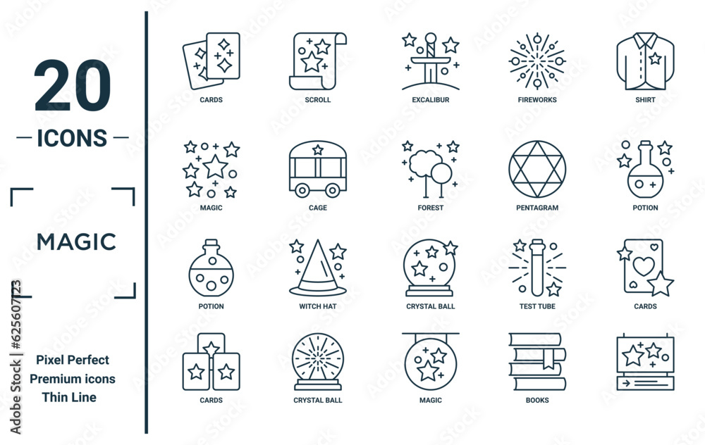 magic linear icon set. includes thin line cards, magic, potion, cards, , forest, cards icons for report, presentation, diagram, web design