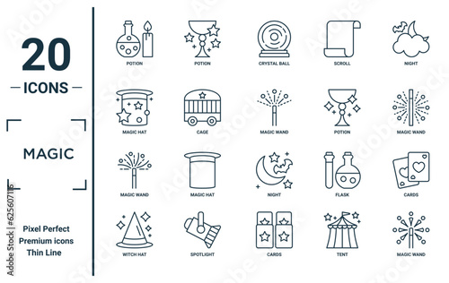 magic linear icon set. includes thin line potion, magic hat, magic wand, witch hat, wand, wand, cards icons for report, presentation, diagram, web design
