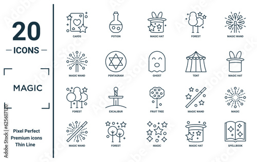 magic linear icon set. includes thin line cards, magic wand, forest, magic wand, spellbook, ghost, icons for report, presentation, diagram, web design