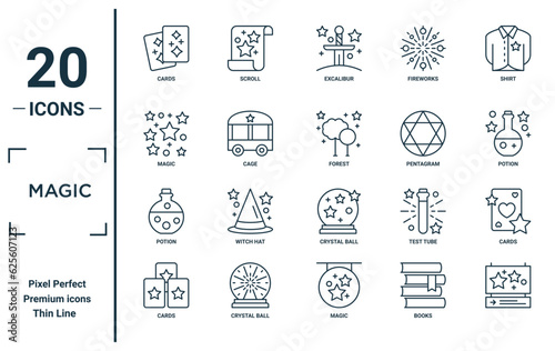 magic linear icon set. includes thin line cards, magic, potion, cards, , forest, cards icons for report, presentation, diagram, web design