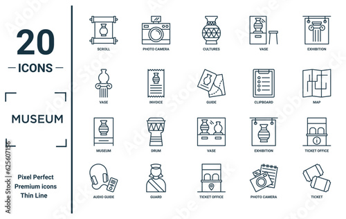 museum linear icon set. includes thin line scroll, vase, museum, audio guide, ticket, guide, ticket office icons for report, presentation, diagram, web design