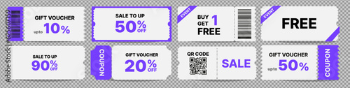 Collection of Purple Coupons vector barcode qr code voucher ticket couponbook coupon set