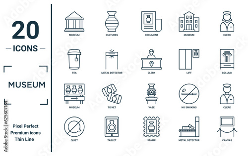 museum linear icon set. includes thin line museum, tea, museum, quiet, canvas, clerk, clerk icons for report, presentation, diagram, web design