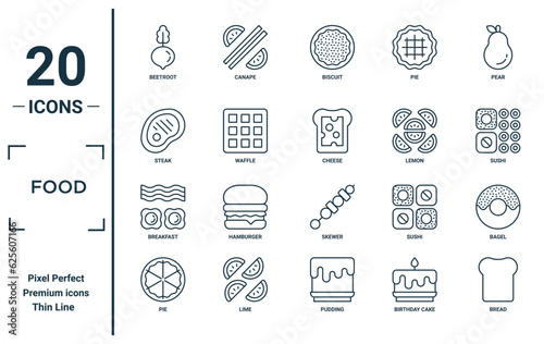 food linear icon set. includes thin line beetroot, steak, breakfast, pie, bread, cheese, bagel icons for report, presentation, diagram, web design