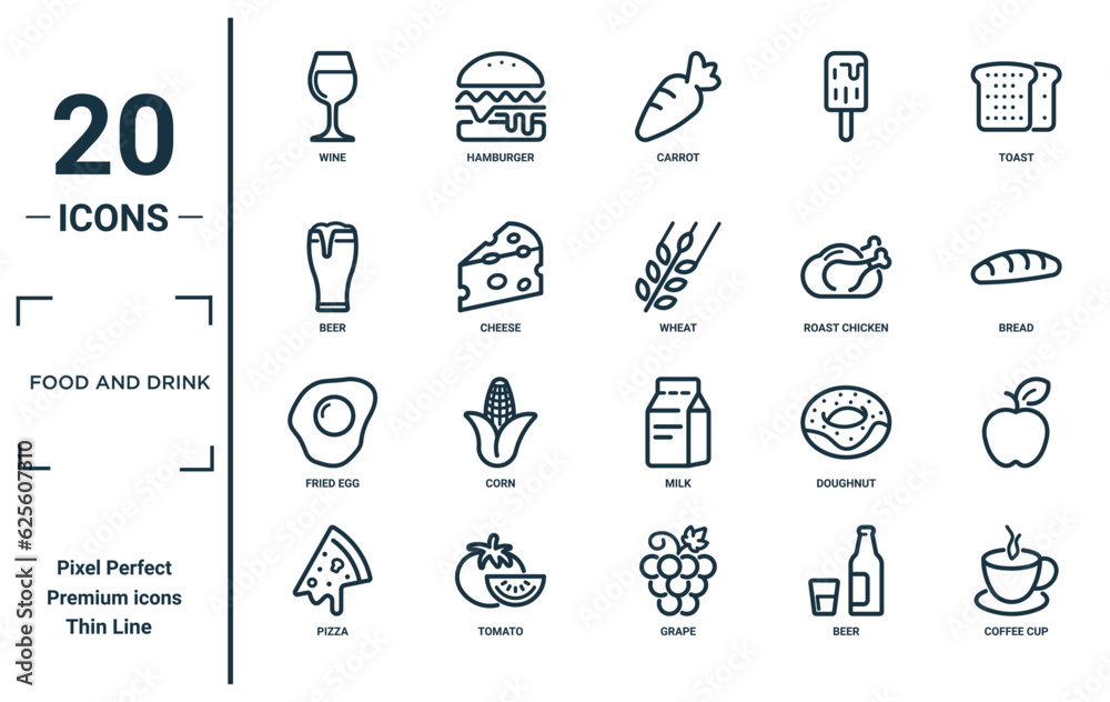 Naklejka premium food and drink linear icon set. includes thin line wine, beer, fried egg, pizza, coffee cup, wheat, icons for report, presentation, diagram, web design