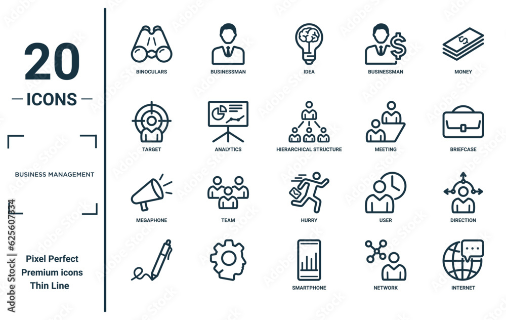 business management linear icon set. includes thin line binoculars, target, megaphone, , internet, hierarchical structure, direction icons for report, presentation, diagram, web design