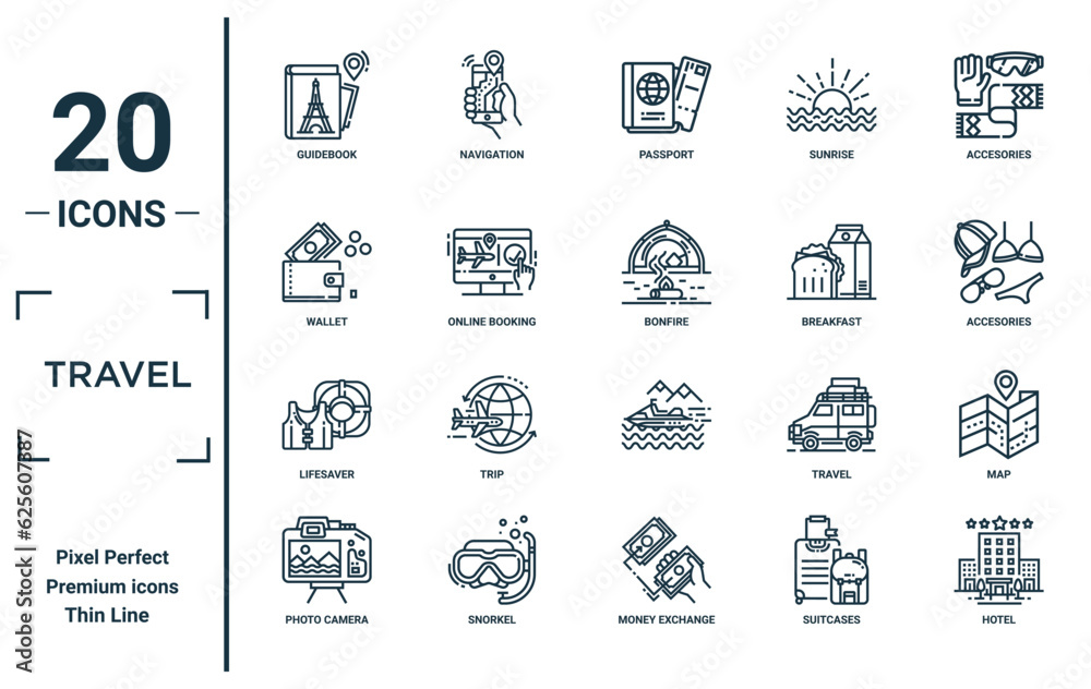 travel linear icon set. includes thin line guidebook, wallet, lifesaver, photo camera, hotel, bonfire, map icons for report, presentation, diagram, web design