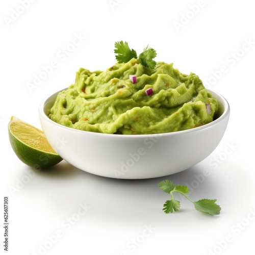 Bowl with guacamole isolated on white background. photo