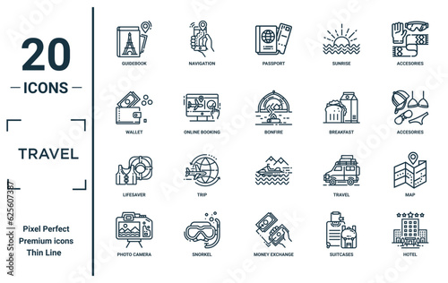 travel linear icon set. includes thin line guidebook, wallet, lifesaver, photo camera, hotel, bonfire, map icons for report, presentation, diagram, web design