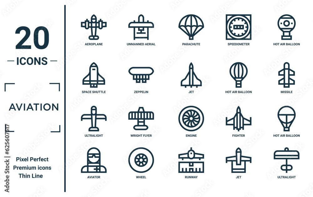 aviation linear icon set. includes thin line aeroplane, space shuttle, ultralight, aviator, ultralight, jet, hot air balloon icons for report, presentation, diagram, web design