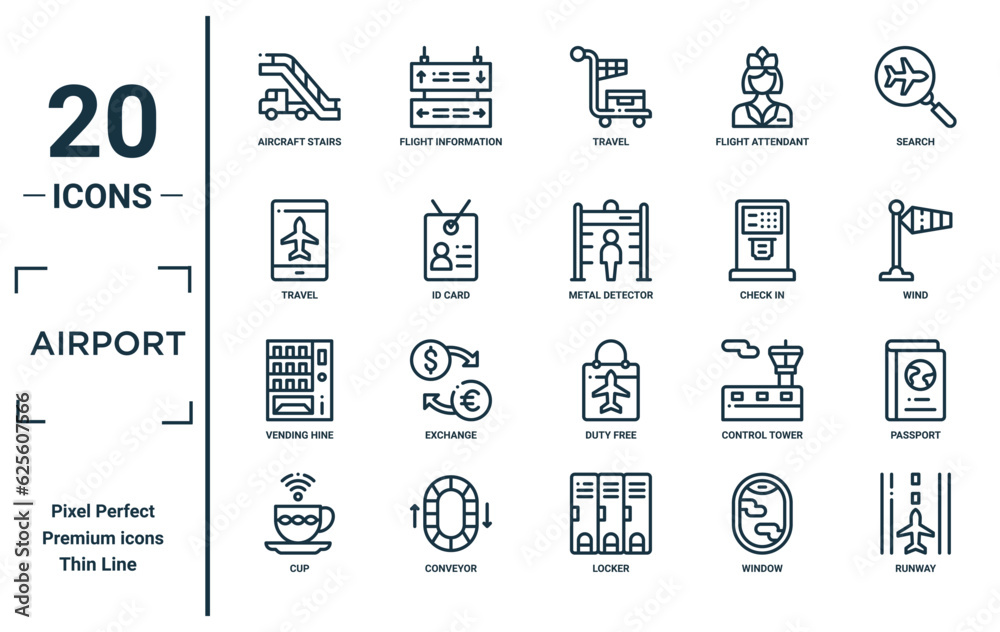 airport linear icon set. includes thin line aircraft stairs, travel, vending hine, cup, runway, metal detector, passport icons for report, presentation, diagram, web design
