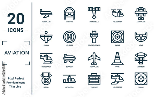 aviation linear icon set. includes thin line aeroplane, flying, helicopter, medal, radar, control tower, zeppelin icons for report, presentation, diagram, web design photo