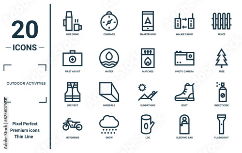 outdoor activities linear icon set. includes thin line hot drink, first aid kit, life vest, motorbike, flashlight, matches, insecticide icons for report, presentation, diagram, web design