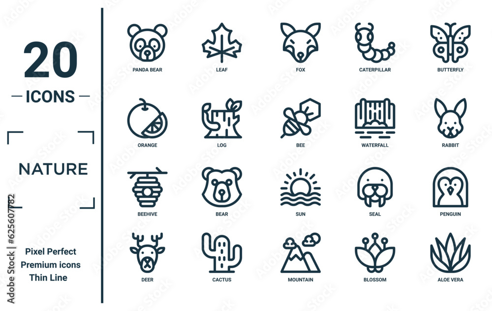 nature linear icon set. includes thin line panda bear, orange, beehive, deer, aloe vera, bee, penguin icons for report, presentation, diagram, web design