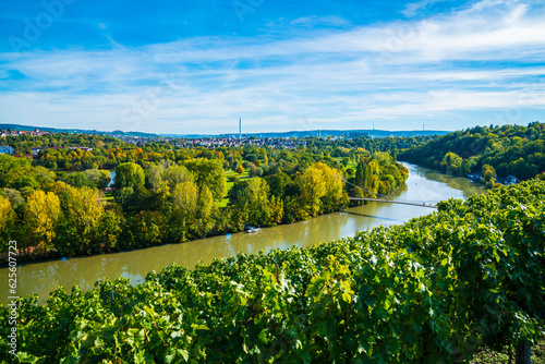 Obraz na płótnie Germany, Stuttgart aerial panorama view, max eyth see, lake water neckar river boat beautiful houses autumn nature landscape bridge sun television tower w salonie