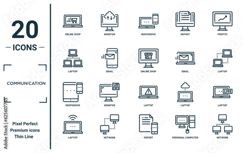 communication linear icon set. includes thin line online shop, laptop, responsive, laptop, network, online shop, laptop icons for report, presentation, diagram, web design
