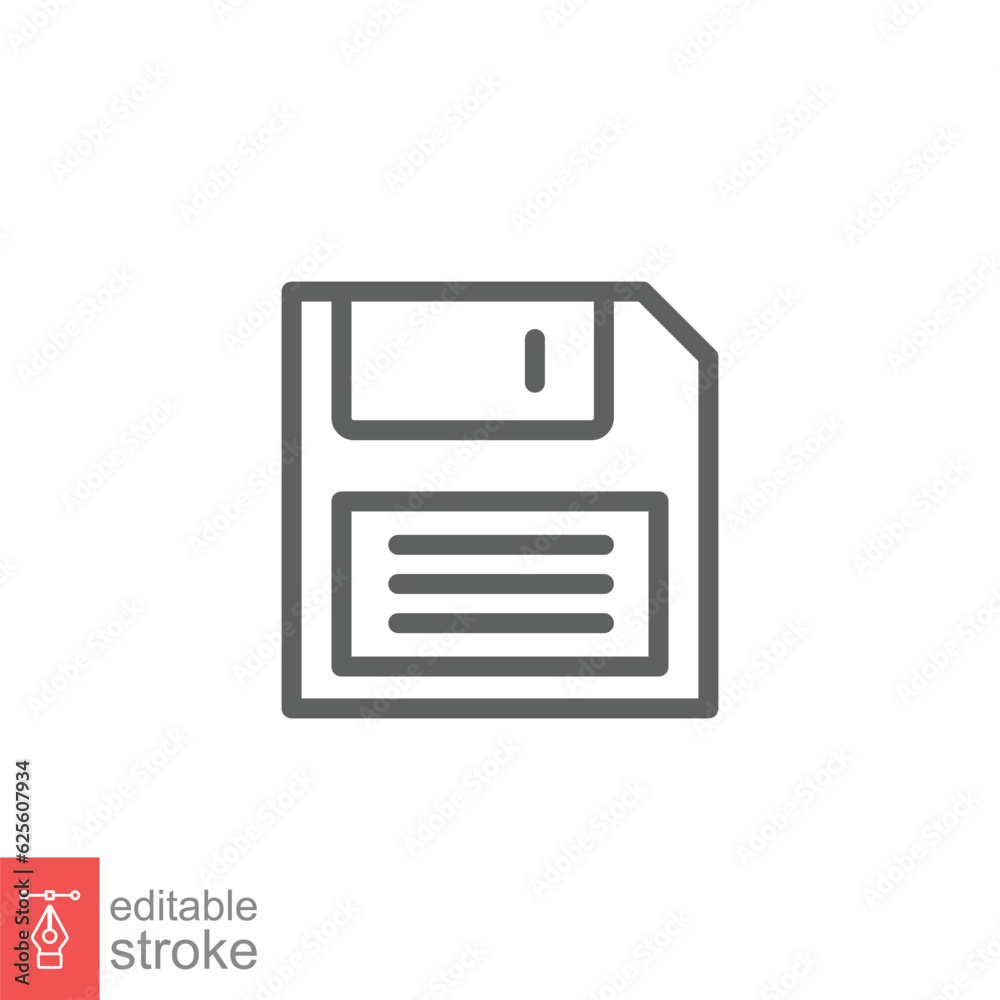 Floppy disk icon. Simple outline style. Save file button, computer memory backup, diskette concept. Thin line symbol. Vector illustration isolated on white background. Editable stroke EPS 10. Floppy disk icon. Simple outline style. Save file button, computer memory backup, diskette concept. Thin line symbol. Vector illustration isolated on white background. Editable stroke EPS 10.