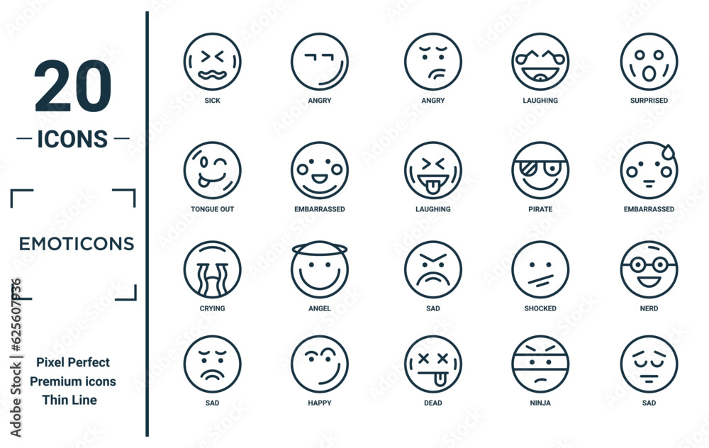 emoticons linear icon set. includes thin line sick, tongue out, crying, sad, sad, laughing, nerd icons for report, presentation, diagram, web design emoticons linear icon set. includes thin line sick, tongue out, crying, sad, sad, laughing, nerd icons for report, presentation, diagram, web design