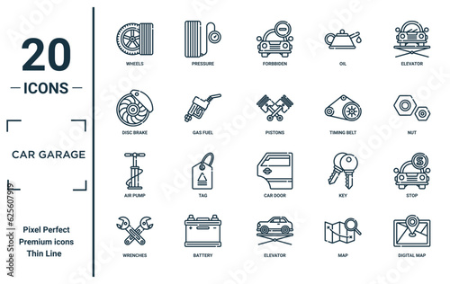 car garage linear icon set. includes thin line wheels, disc brake, air pump, wrenches, digital map, pistons, stop icons for report, presentation, diagram, web design