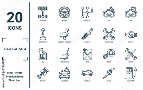 car garage linear icon set. includes thin line chassis, gearshift, oil, piston, gas pump, damper, repair icons for report, presentation, diagram, web design