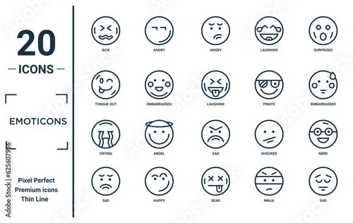 emoticons linear icon set. includes thin line sick, tongue out, crying, sad, sad, laughing, nerd icons for report, presentation, diagram, web design