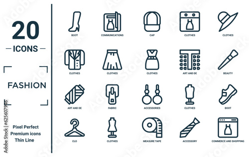 fashion linear icon set. includes thin line boot, clothes, art and de, clo, commerce and shopping, clothes, boot icons for report, presentation, diagram, web design