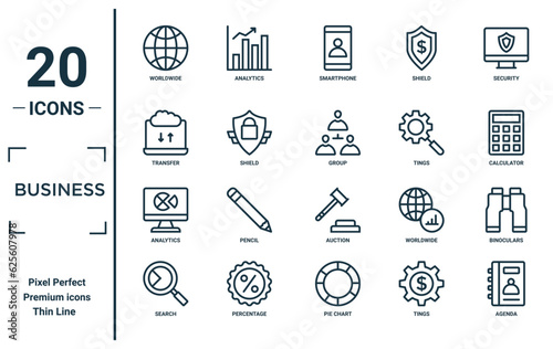 business linear icon set. includes thin line worldwide, transfer, analytics, search, agenda, group, binoculars icons for report, presentation, diagram, web design