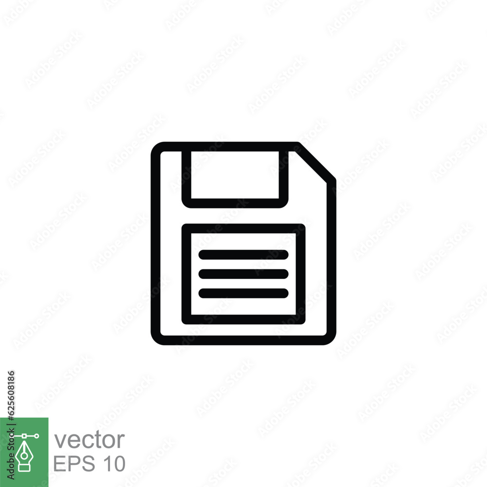 Floppy disk icon. Simple outline style. Save file button, computer memory backup, diskette, technology concept. Thin line symbol. Vector illustration isolated on white background. EPS 10. Floppy disk icon. Simple outline style. Save file button, computer memory backup, diskette, technology concept. Thin line symbol. Vector illustration isolated on white background. EPS 10.