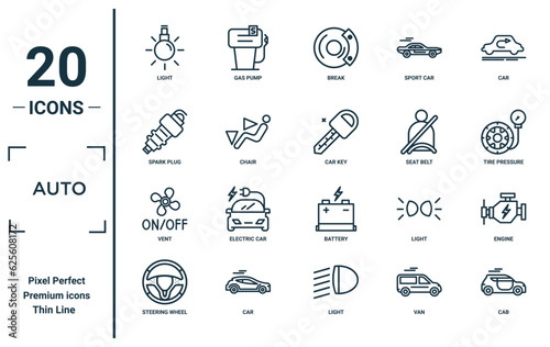 auto linear icon set. includes thin line light, spark plug, vent, steering wheel, cab, car key, engine icons for report, presentation, diagram, web design