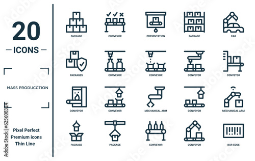 mass producction linear icon set. includes thin line package, packages, conveyor, package, bar code, conveyor, mechanical arm icons for report, presentation, diagram, web design