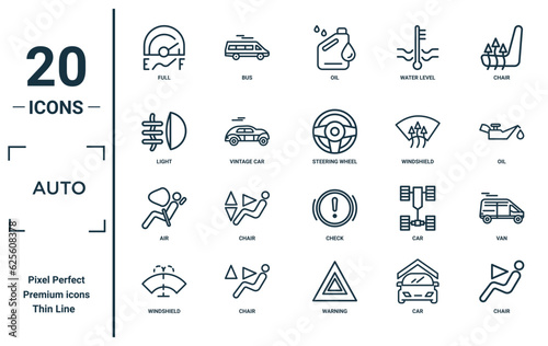 auto linear icon set. includes thin line full, light, air, windshield, chair, steering wheel, van icons for report, presentation, diagram, web design