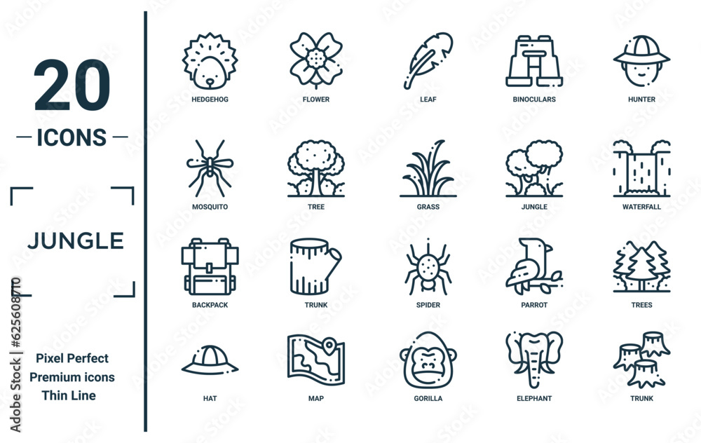 jungle linear icon set. includes thin line hedgehog, mosquito, backpack, hat, trunk, grass, trees icons for report, presentation, diagram, web design