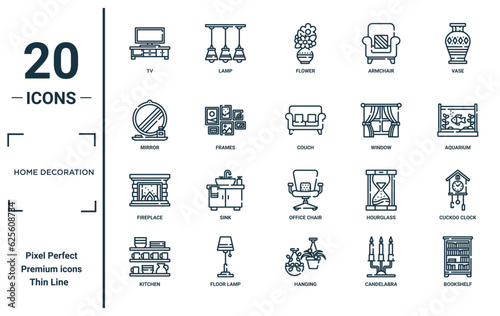 home decoration linear icon set. includes thin line tv, mirror, fireplace, kitchen, bookshelf, couch, cuckoo clock icons for report, presentation, diagram, web design