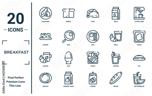 breakfast linear icon set. includes thin line sausages, cheese, coffee, biscuit, watermelon, egg, pie icons for report, presentation, diagram, web design