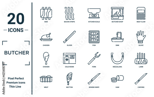 butcher linear icon set. includes thin line ribs, chicken, chicken, meat, carving, fish, lamb icons for report, presentation, diagram, web design