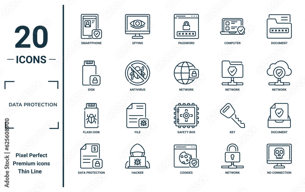 data protection linear icon set. includes thin line smartphone, disk, flash disk, data protection, no connection, network, document icons for report, presentation, diagram, web design