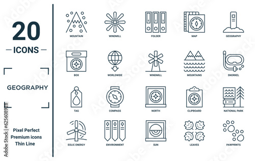 geography linear icon set. includes thin line mountain, box, tag, eolic energy, pawprints, windmill, national park icons for report, presentation, diagram, web design