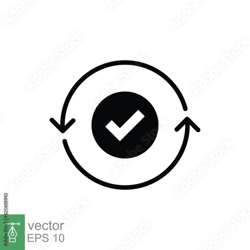 Checkmark like cash flow icon. Simple solid style. Easy payment, convenient, arrow cycle, automatic contact. Black silhouette, glyph symbol. Vector illustration isolated on white background. EPS 10.