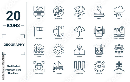 geography linear icon set. includes thin line map, air sock, trees, worldwide, flower, umbrella, worldwide icons for report, presentation, diagram, web design
