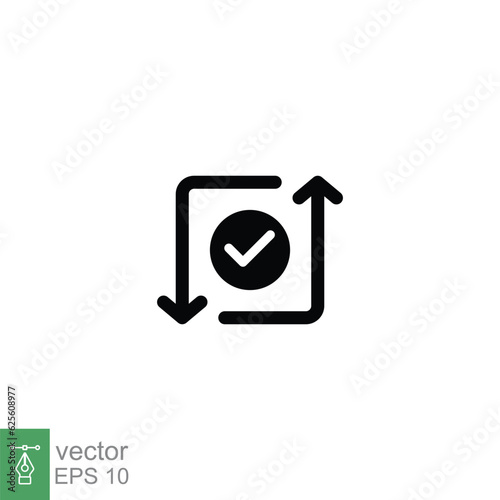 Checkmark like cash flow icon. Simple solid style. Easy payment, convenient, arrow cycle, automatic contact. Black silhouette, glyph symbol. Vector illustration isolated on white background. EPS 10.