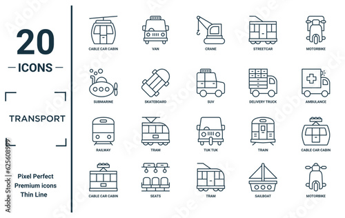 transport linear icon set. includes thin line cable car cabin, submarine, railway, cable car cabin, motorbike, suv, cable car cabin icons for report, presentation, diagram, web design