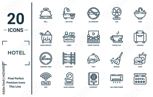 hotel linear icon set. includes thin line bell, room service, smoking area, wifi, , home theater, food icons for report, presentation, diagram, web design