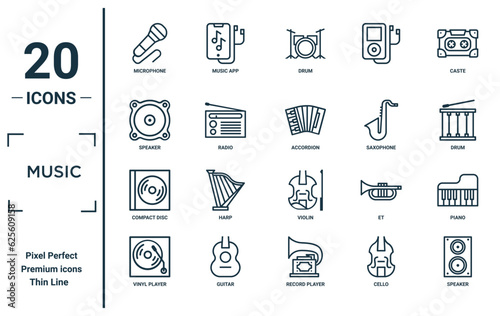 music linear icon set. includes thin line microphone, speaker, compact disc, vinyl player, speaker, accordion, piano icons for report, presentation, diagram, web design
