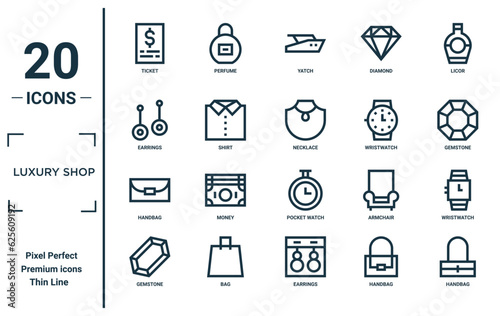luxury shop linear icon set. includes thin line ticket, earrings, handbag, gemstone, handbag, necklace, wristwatch icons for report, presentation, diagram, web design