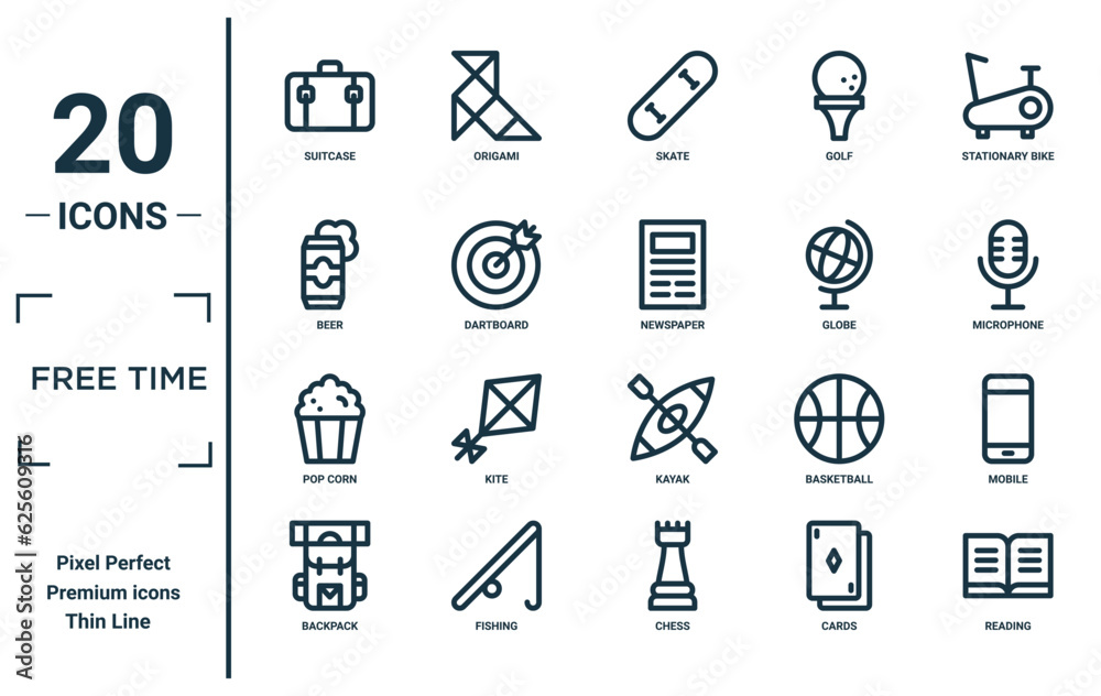 free time linear icon set. includes thin line suitcase, beer, pop corn ...